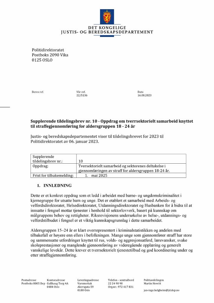 Forsiden av dokumentet Tildelingsbrev Politiet 2023 - tillegg nr. 10