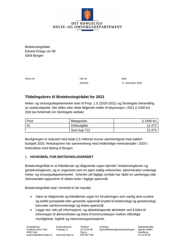 Forsiden av dokumentet Tildelingsbrev Bioteknologirådet 2021