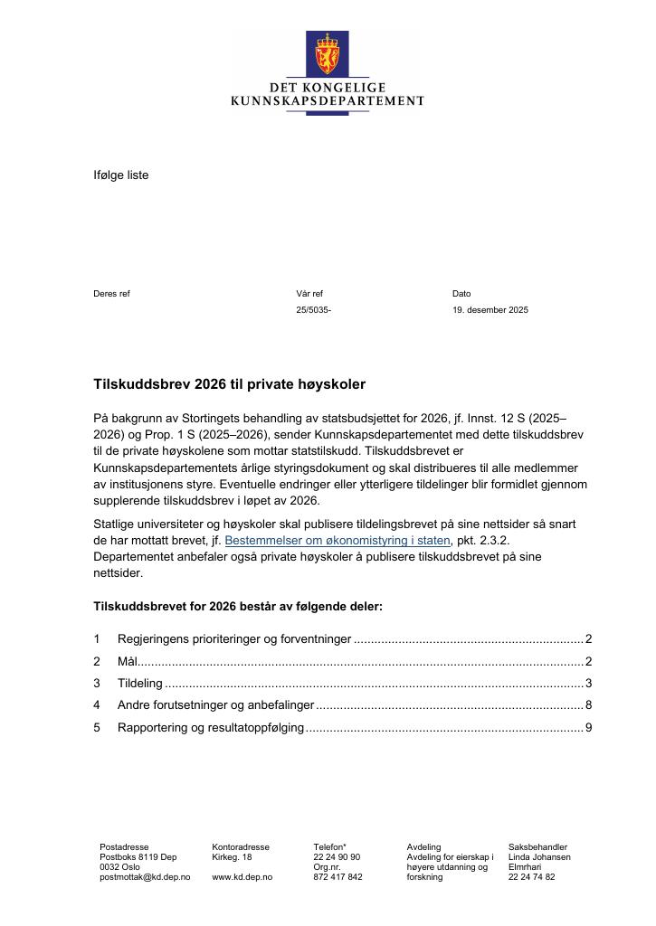 Forsiden av dokumentet Tilskuddsbrev 2026 til private høyskoler