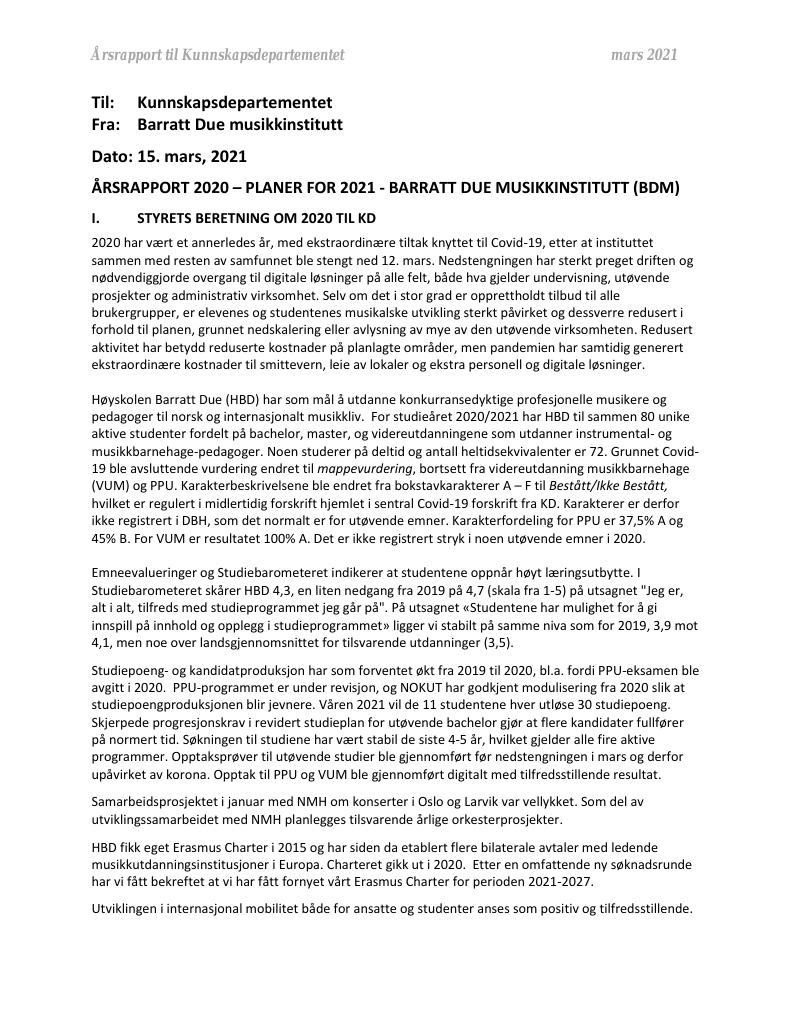 Forsiden av dokumentet Årsrapport Barratt Due Musikkinstitutt 2020