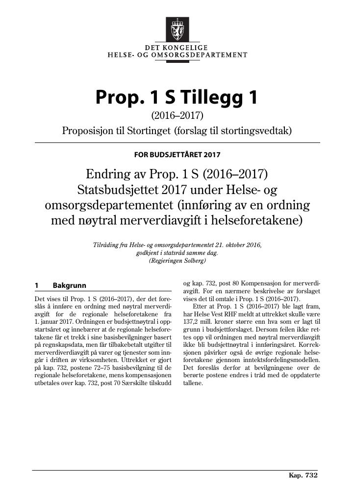 Forsiden av dokumentet Prop. 1 S Tillegg 1 (2016–2017)