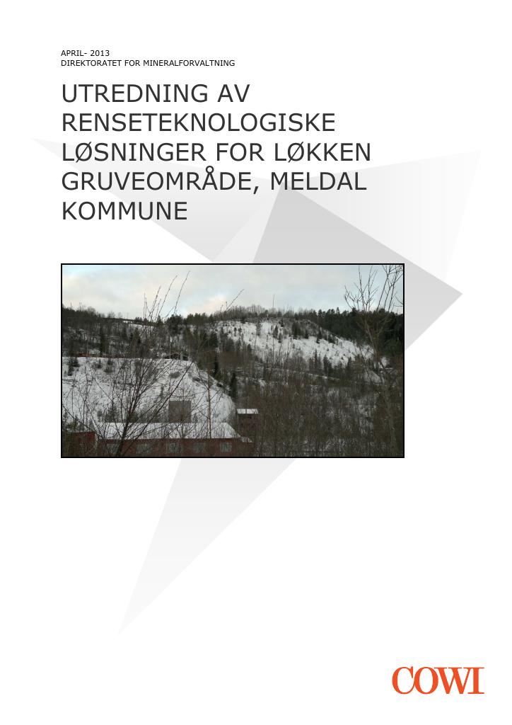 Forsiden av dokumentet Utredning av renseteknologiske løsninger for Løkken gruveområde, Meldal kommune