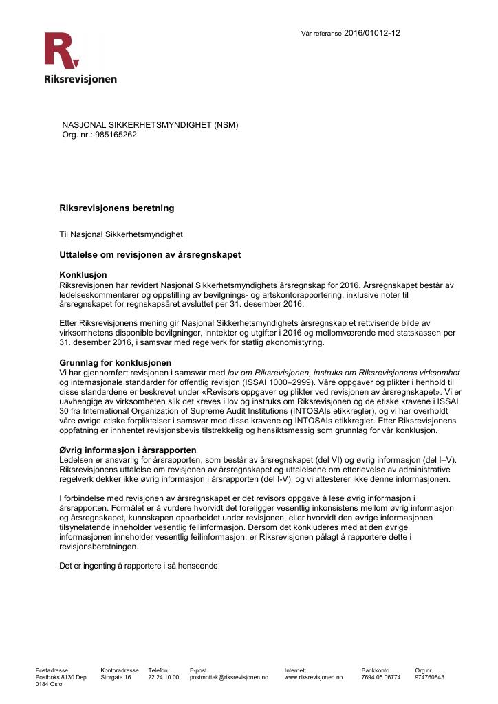 Forsiden av dokumentet Revisjonsberetning Nasjonal sikkerhetsmyndighet 2016