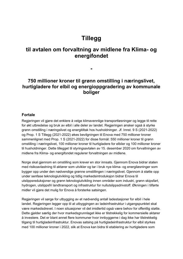 Forsiden av dokumentet Tillegg til avtalen om forvaltningen av midlene fra Klima- og energifondet - 750 millioner kroner