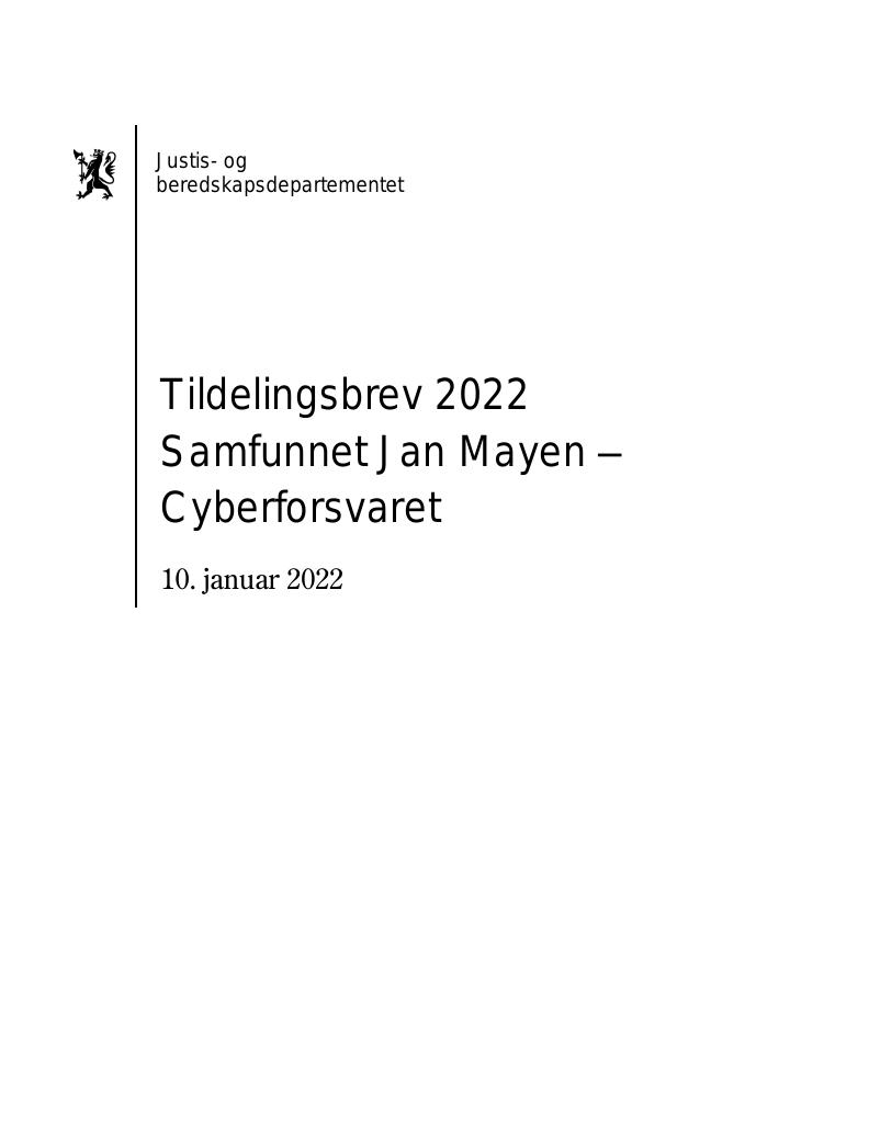 Forsiden av dokumentet Tildelingsbrev Samfunnet Jan Mayen - Cyberforsvaret 2022