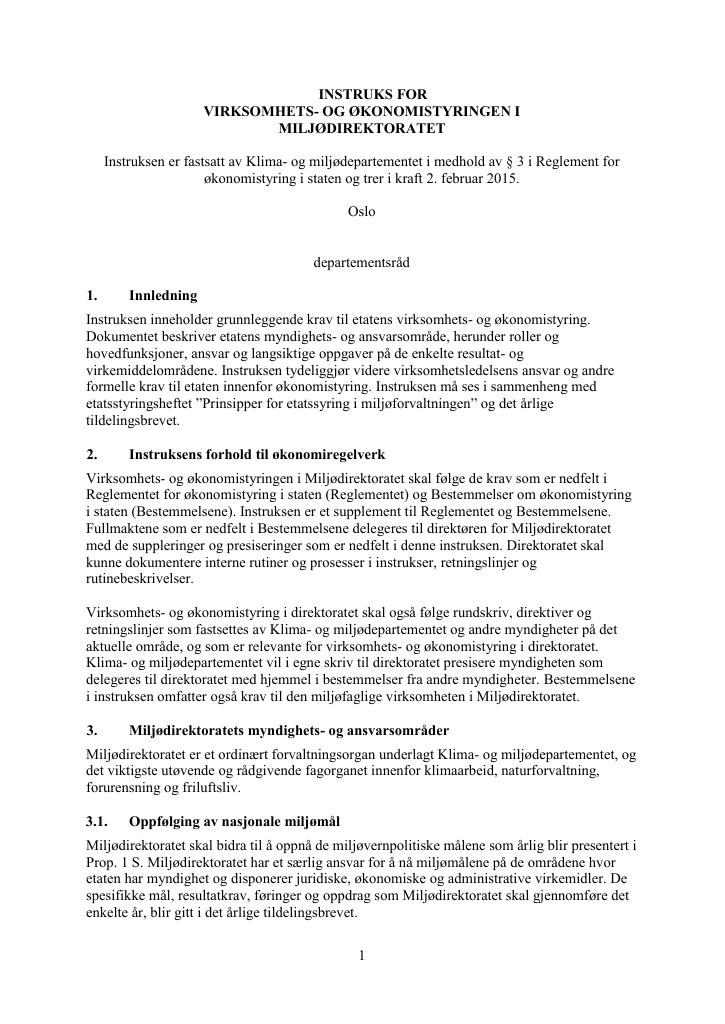 Forsiden av dokumentet Instruks Miljødirektoratet 2015