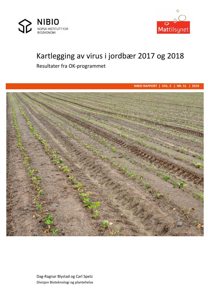 Forsiden av dokumentet Kartlegging av virus i jordbær 2017 og 2018. Resultater fra OK-programmet.