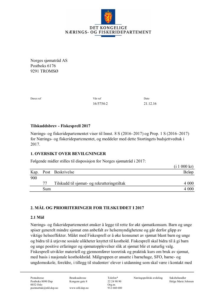 Forsiden av dokumentet Tilskuddsbrev