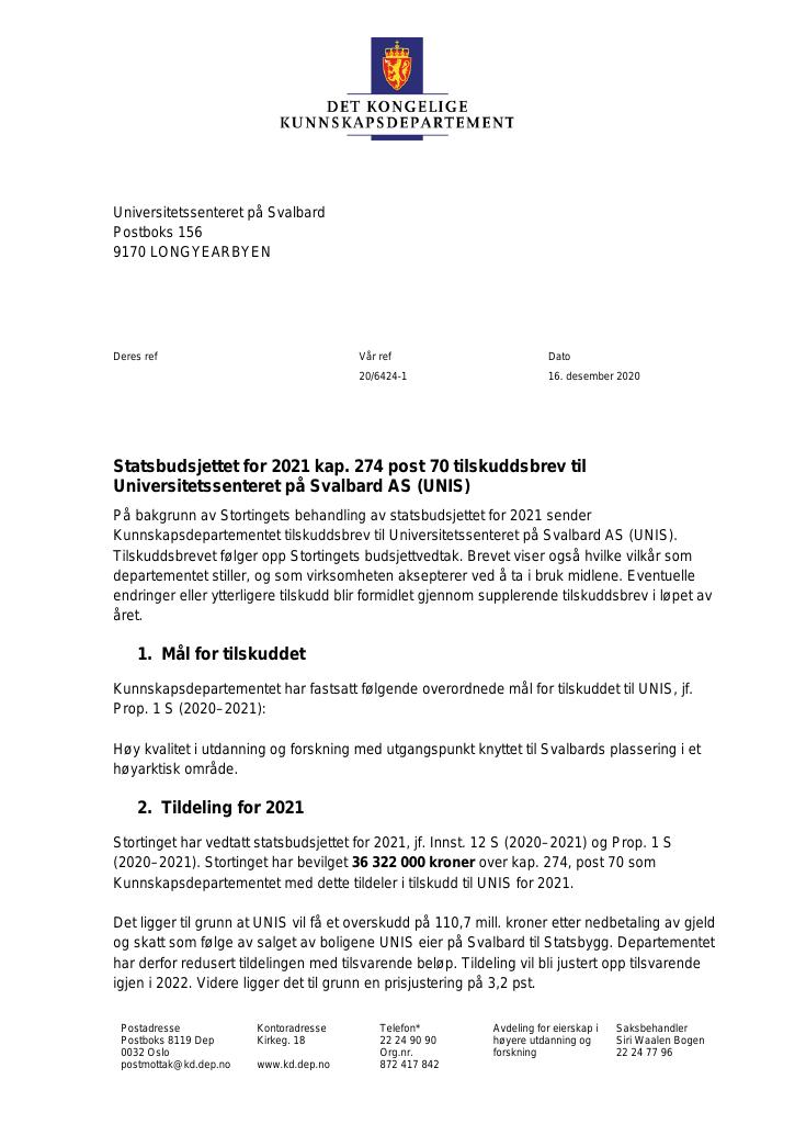 Forsiden av dokumentet Tilskuddsbrev 2021