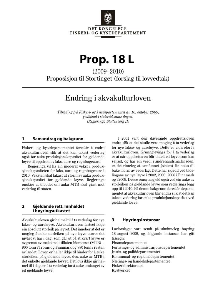 Forsiden av dokumentet Prop. 18 L (2009-2010)