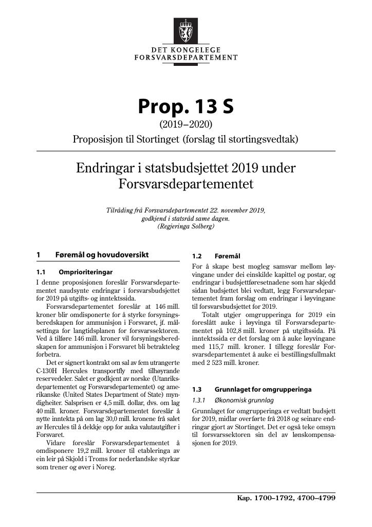 Forsiden av dokumentet Prop. 13 S (2019–2020)