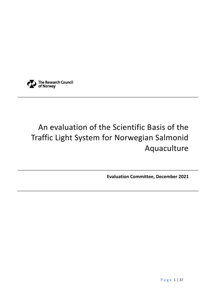Forsiden av dokumentet An evaluation of the Scientific Basis of the  Traffic Light System for Norwegian Salmonid  Aquaculture