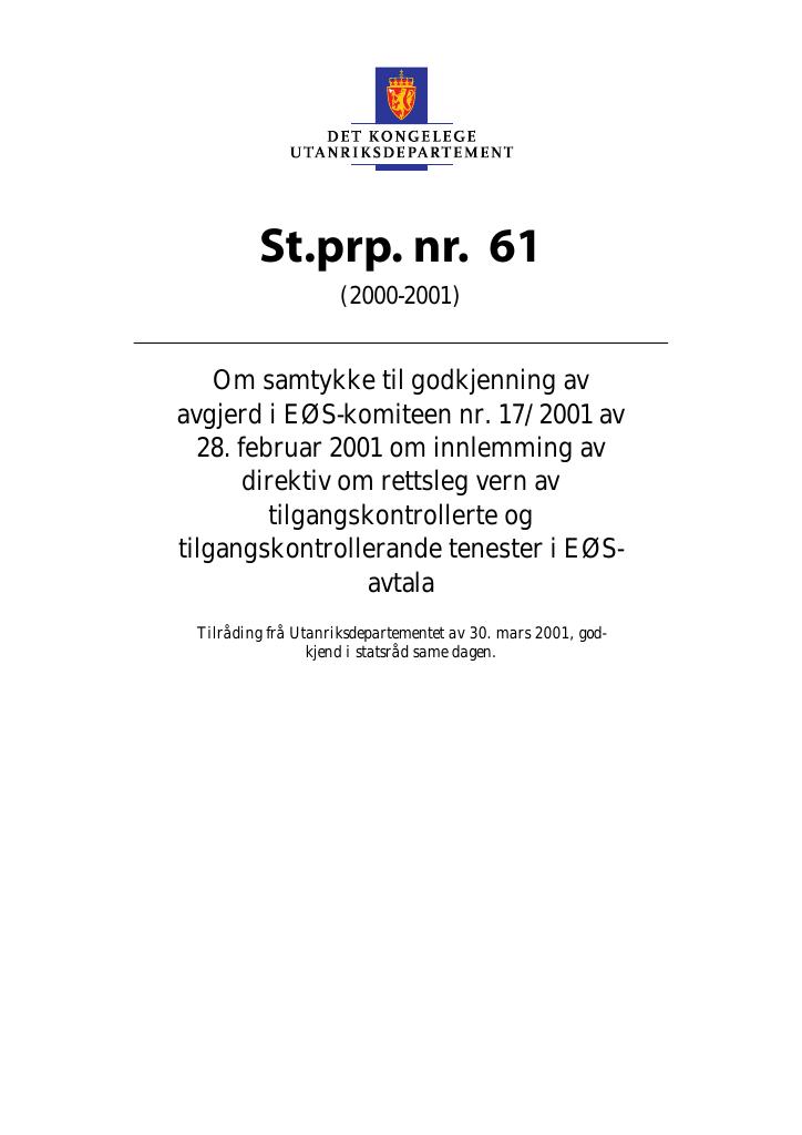 Forsiden av dokumentet St.prp. nr. 61 (2000-2001)