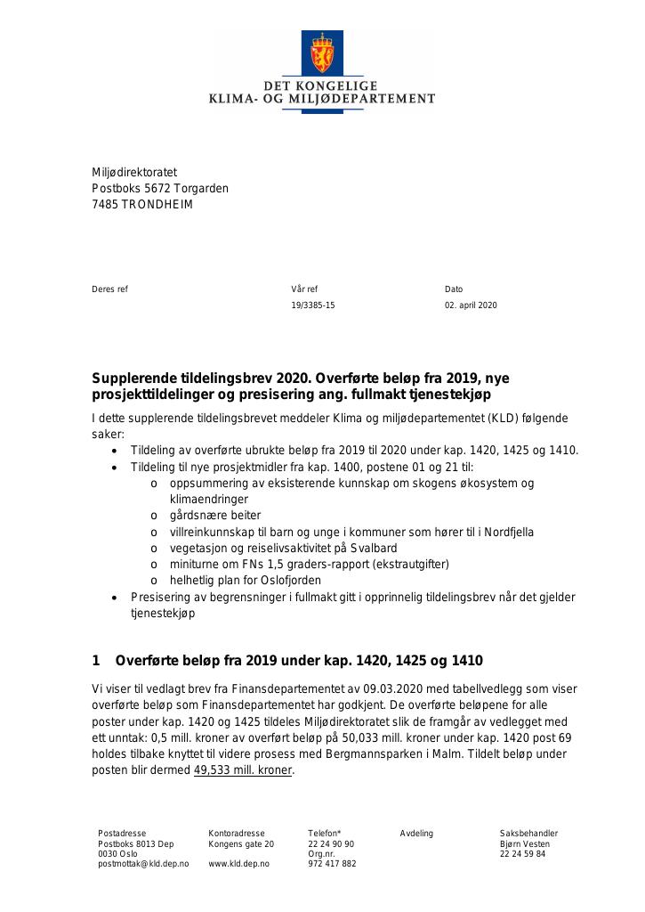 Forsiden av dokumentet Supplerende tildelingsbrev Miljødirektoratet 2020