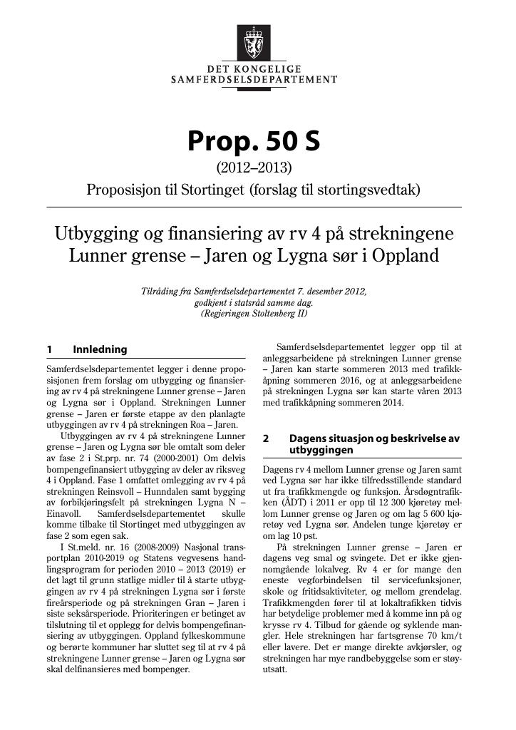 Forsiden av dokumentet Prop. 50 S (2012–2013)