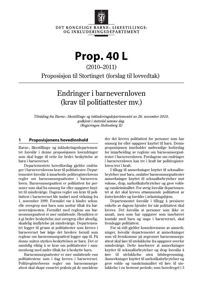 Forsiden av dokumentet Prop. 40 L (2010–2011)