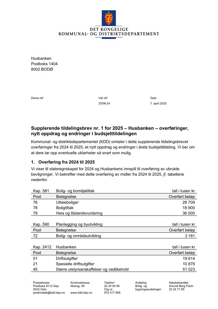Forsiden av dokumentet Tildelingsbrev Husbanken 2025 - tillegg nr. 1