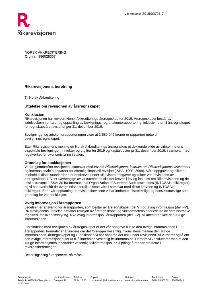Forsiden av dokumentet Revisjonsberetning Norsk akkreditering 2019