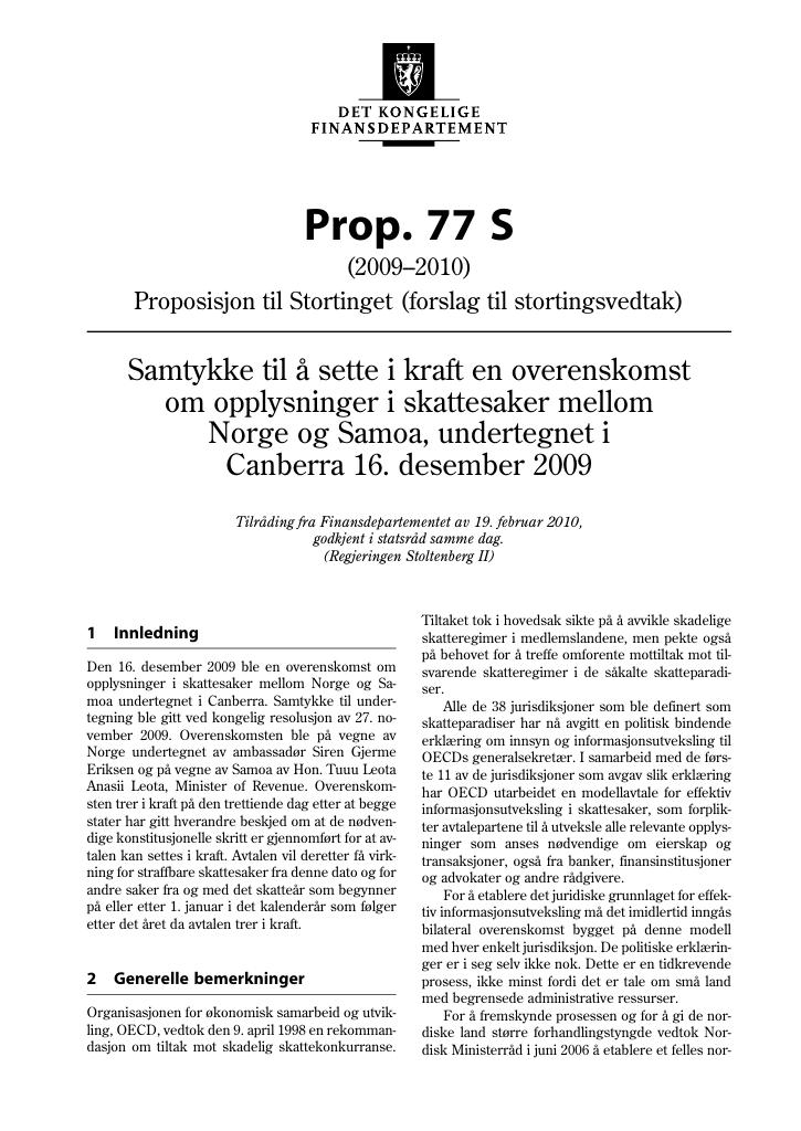 Forsiden av dokumentet Prop. 77 S (2009-2010)