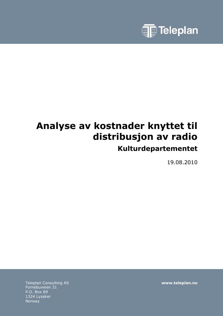 Forsiden av dokumentet Sammendrag av "Analyse av kostnader knyttet til distribusjon av radio"