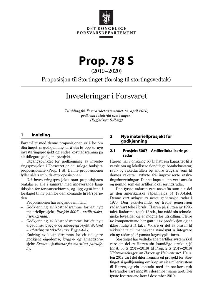 Forsiden av dokumentet Prop. 78 S (2019–2020)