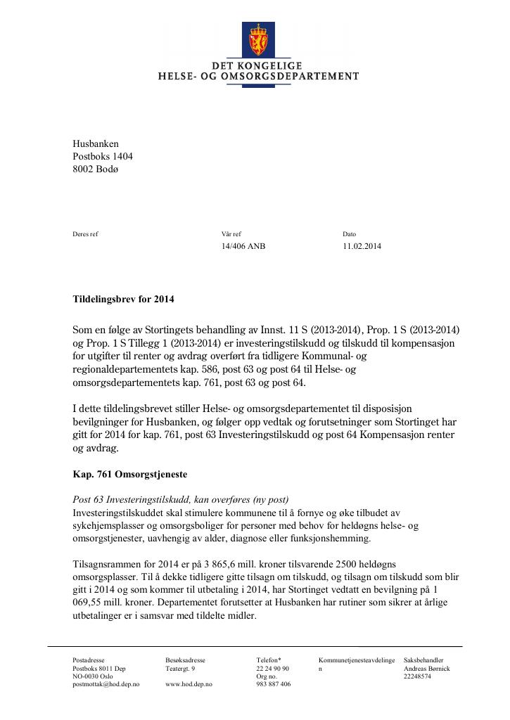 Forsiden av dokumentet Tildelingsbrev (pdf)
