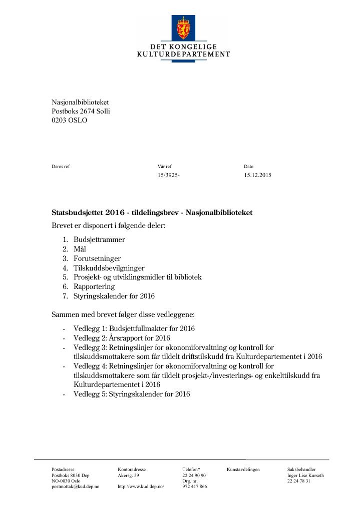 Forsiden av dokumentet Tildelingsbrev (.pdf)