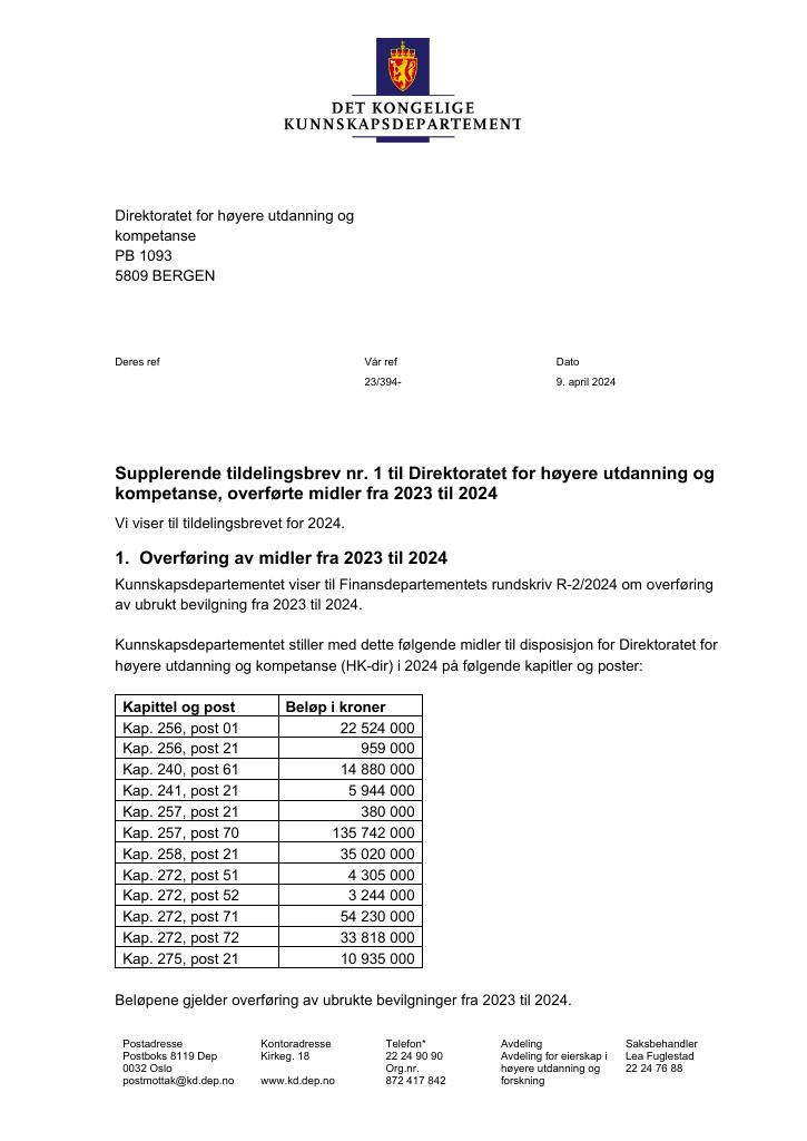 Forsiden av dokumentet Supplerende tildelingsbrev nr. 1 2024