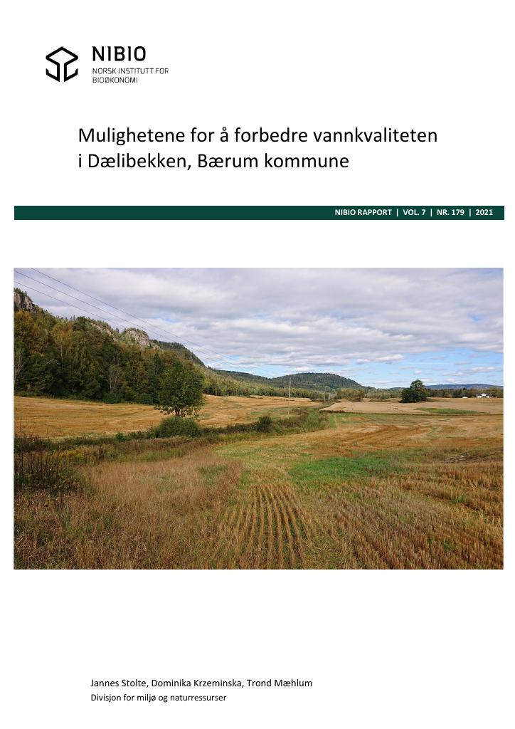 Forsiden av dokumentet Mulighetene for å forbedre vannkvaliteten i Dælibekken, Bærum kommune