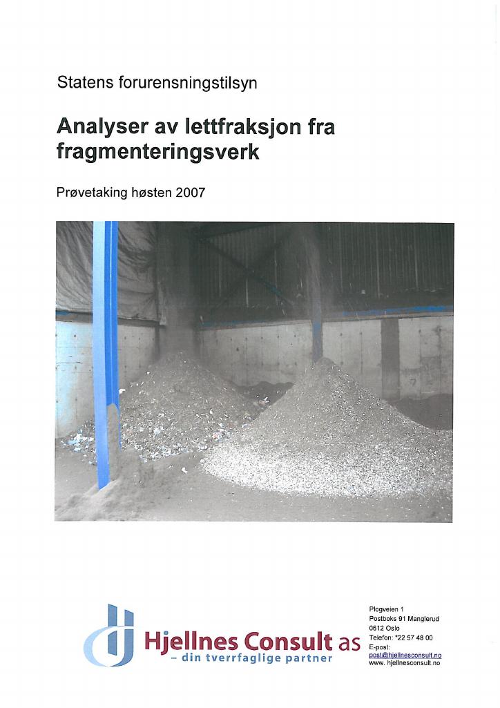 Forsiden av dokumentet Analyser av lettfraksjon fra fragmenteringsverk