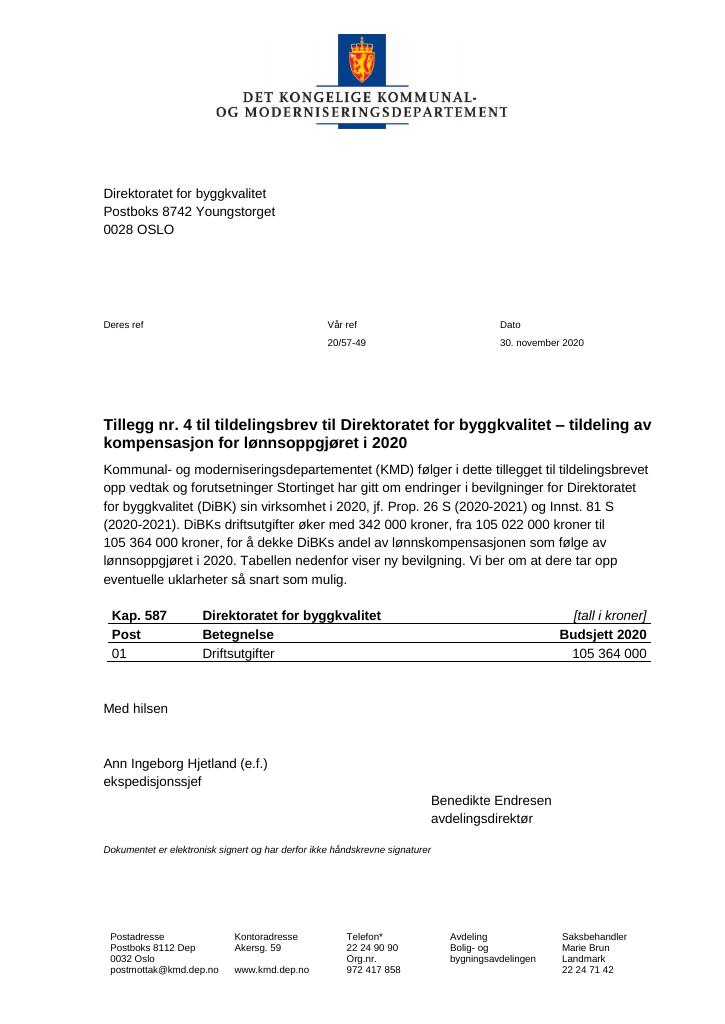 Forsiden av dokumentet Tillegg nr. 4 til tildelingsbrev DiBK 2020 (pdf)