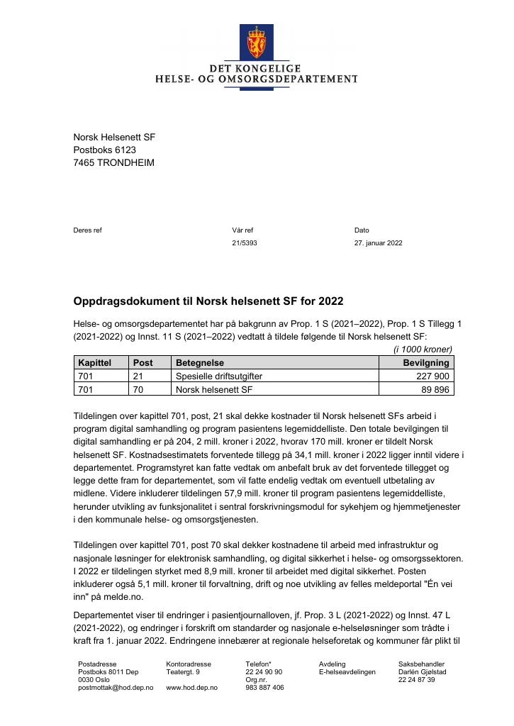 Forsiden av dokumentet Oppdragsdokument til Norsk helsenett SF for 2022