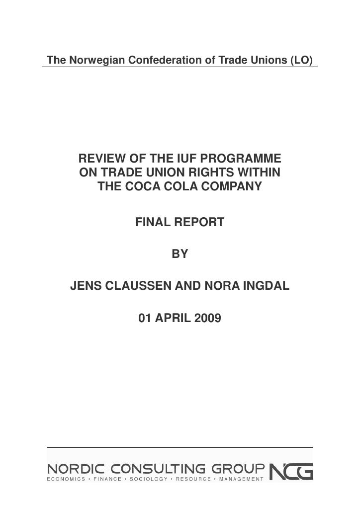 Forsiden av dokumentet Review of the IUF programme on trade union rights within the Coca Cola company
