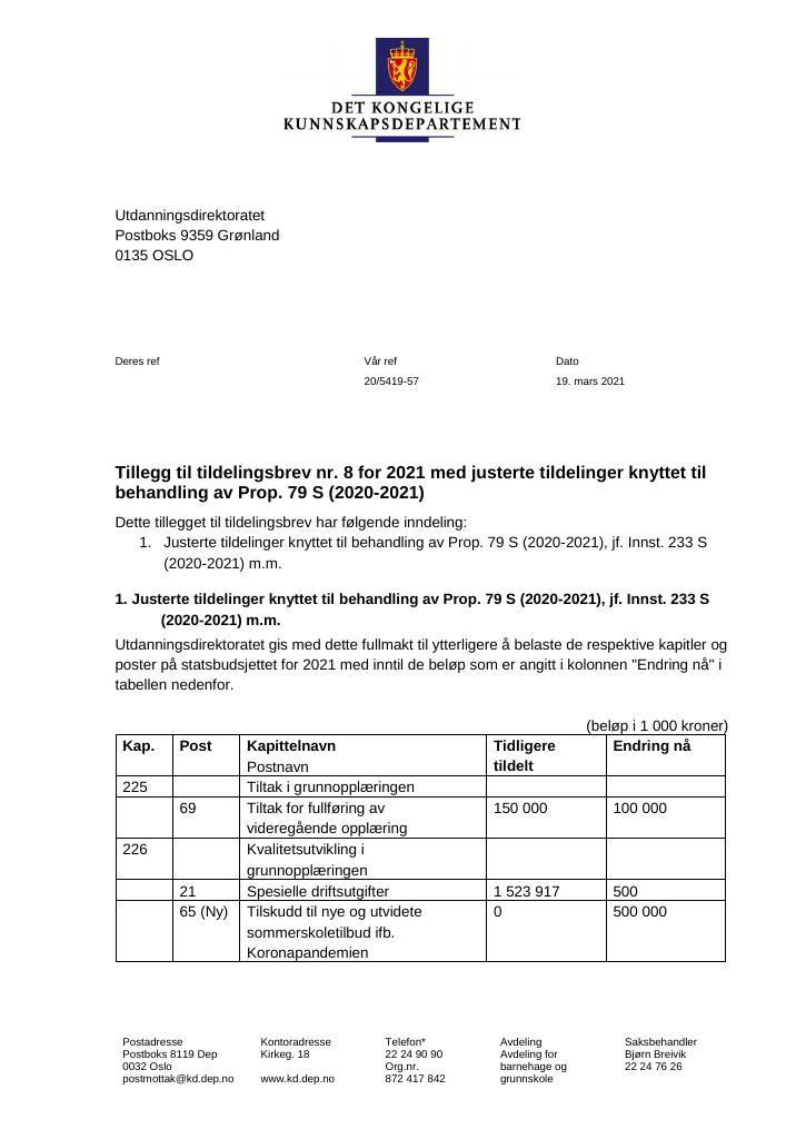 Forsiden av dokumentet Tildelingsbrev Utdanningsdirektoratet 2021 - tillegg nr. 8