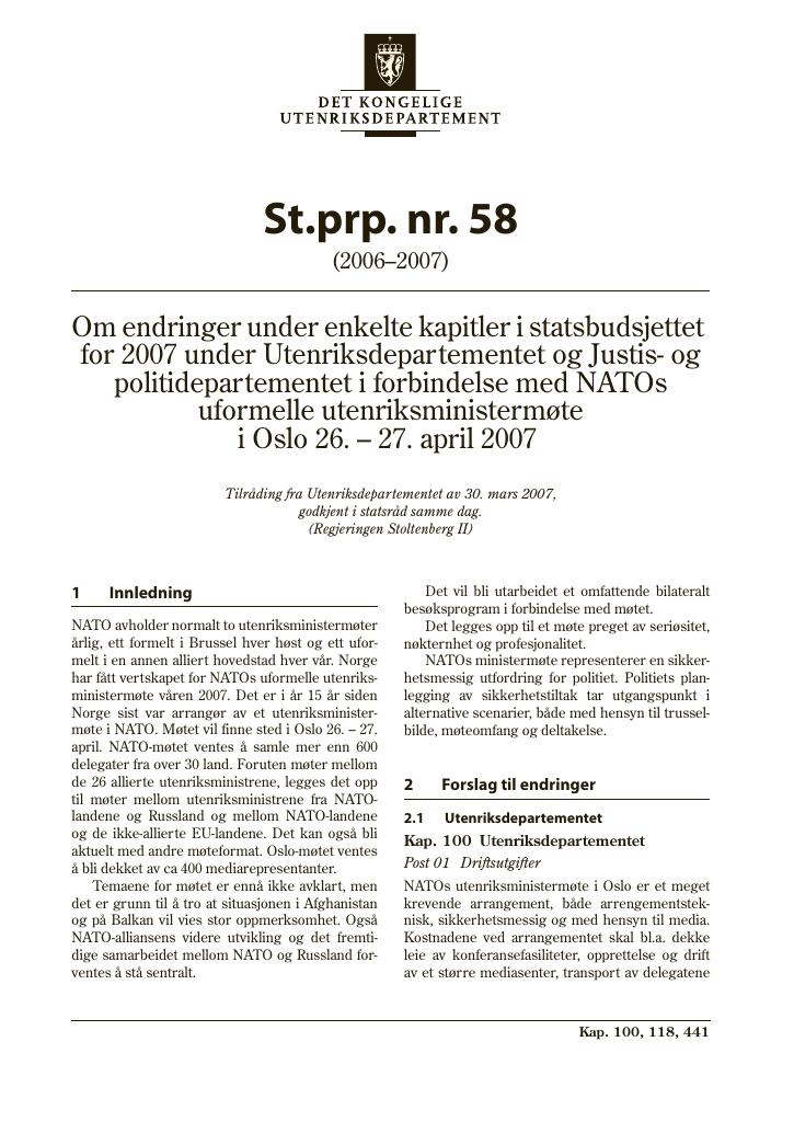 Forsiden av dokumentet St.prp. nr. 58 (2006-2007)