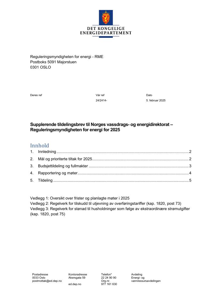 Forsiden av dokumentet Tildelingsbrev Reguleringsmyndigheten for energi (RME) 2025