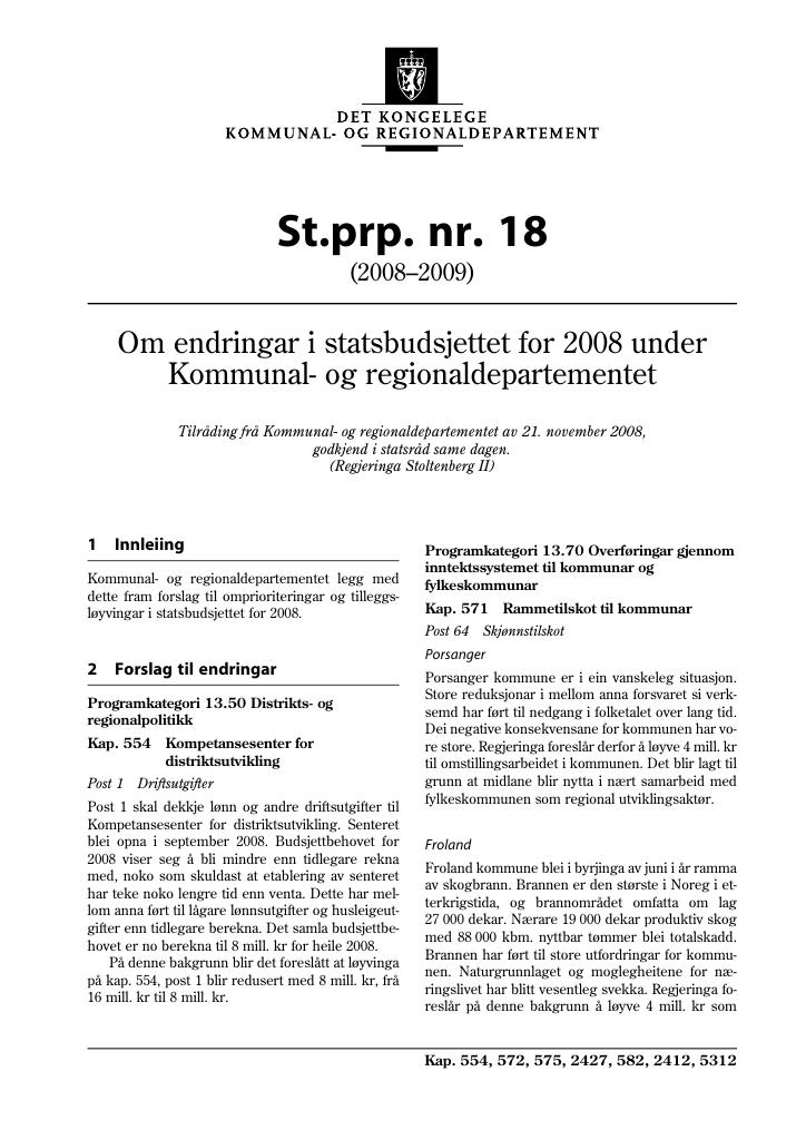 Forsiden av dokumentet St.prp. nr. 18 (2008-2009)