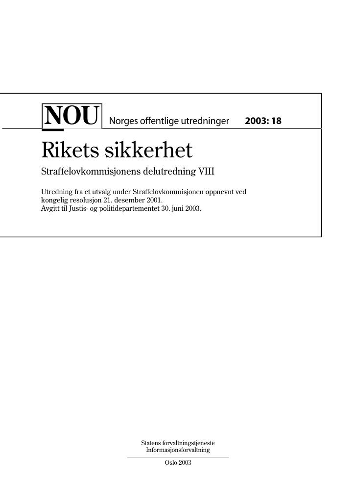 Forsiden av dokumentet NOU 2003: 18 - Rikets sikkerhet