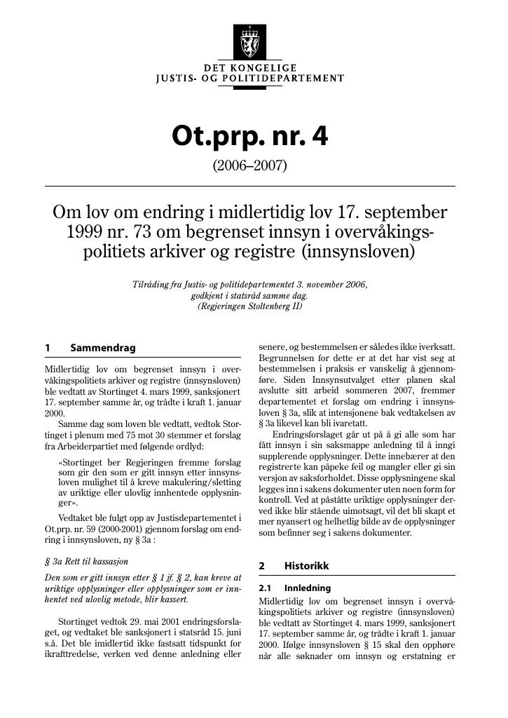 Forsiden av dokumentet Ot.prp. nr. 4 (2006-2007)