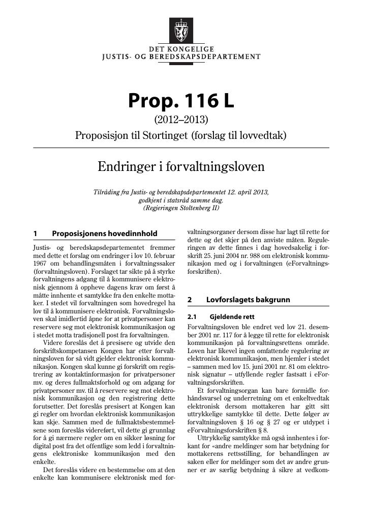 Forsiden av dokumentet Prop. 116 L (2012–2013)