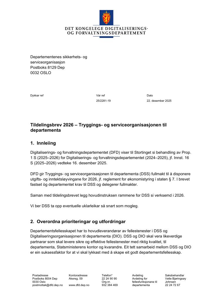 Forsiden av dokumentet Tildelingsbrev Departementenes sikkerhets- og serviceorganisasjon 2026