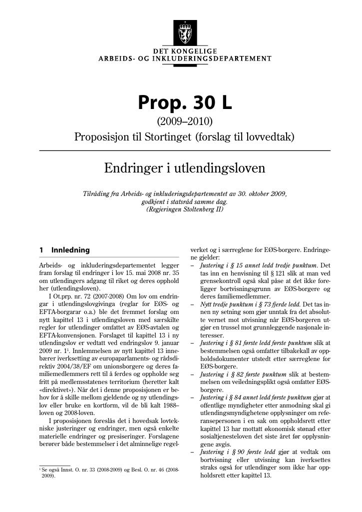 Forsiden av dokumentet Prop. 30 L (2009-2010)
