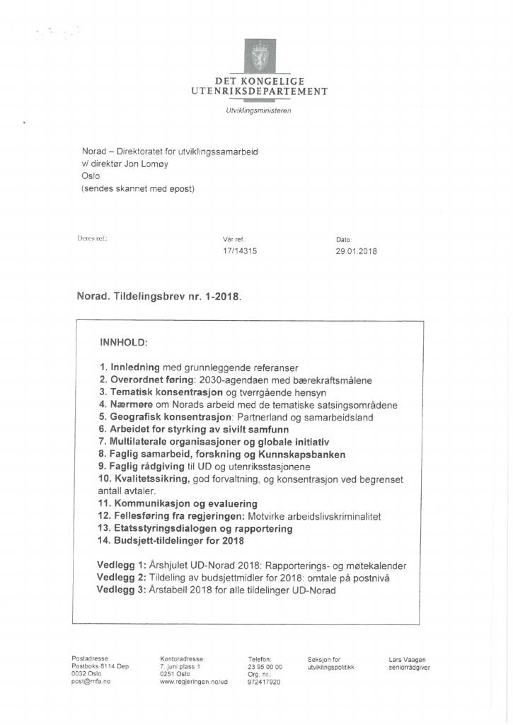 Forsiden av dokumentet Tildelingsbrev Norad 2018 - tillegg nr. 1