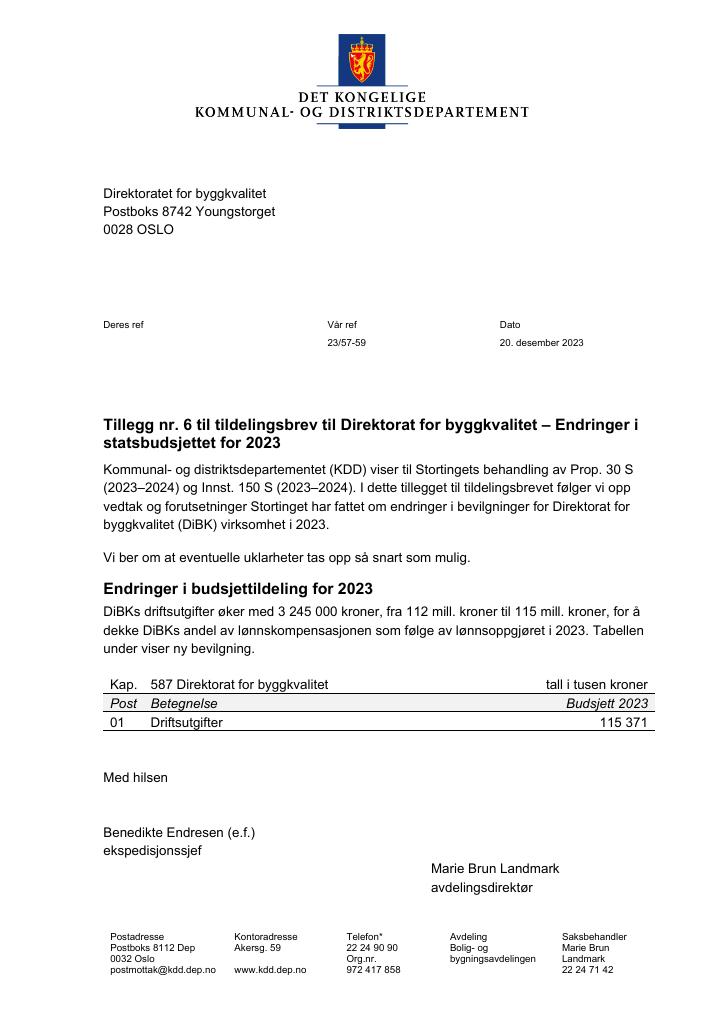 Forsiden av dokumentet Tillegg nr. 6 til tildelingsbrev DiBK 2023 (pdf)