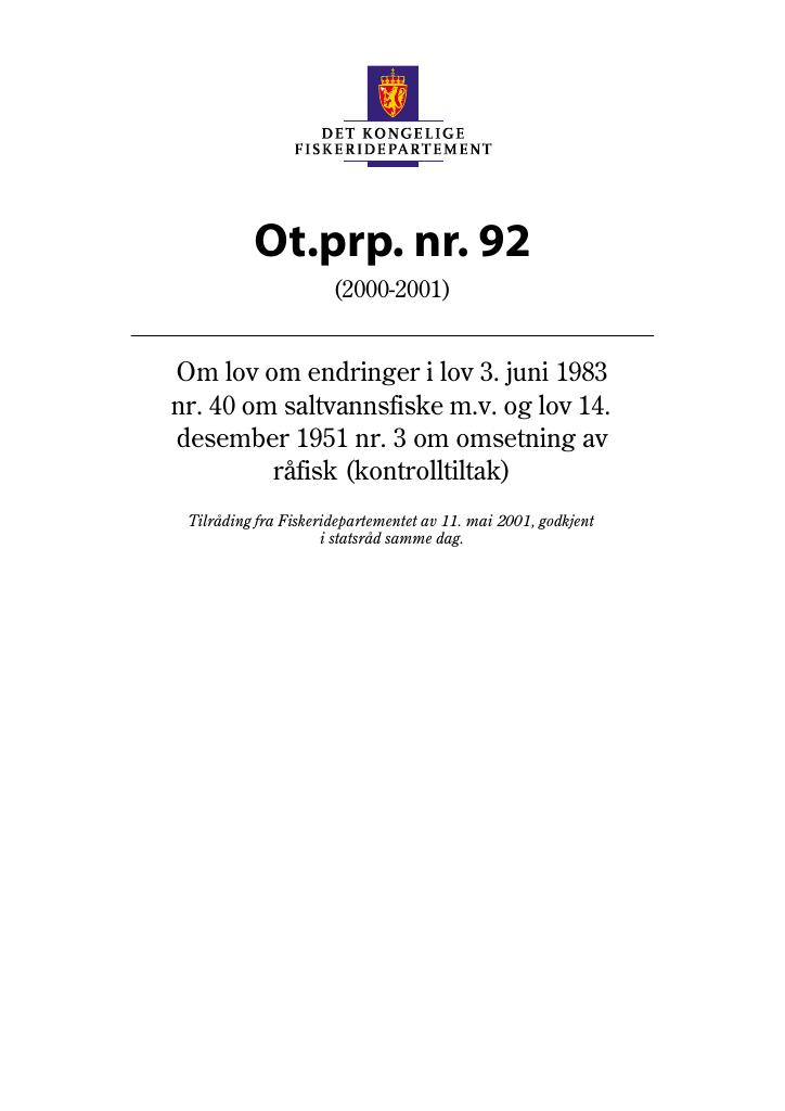 Forsiden av dokumentet Ot.prp. nr. 92 (2000-2001)