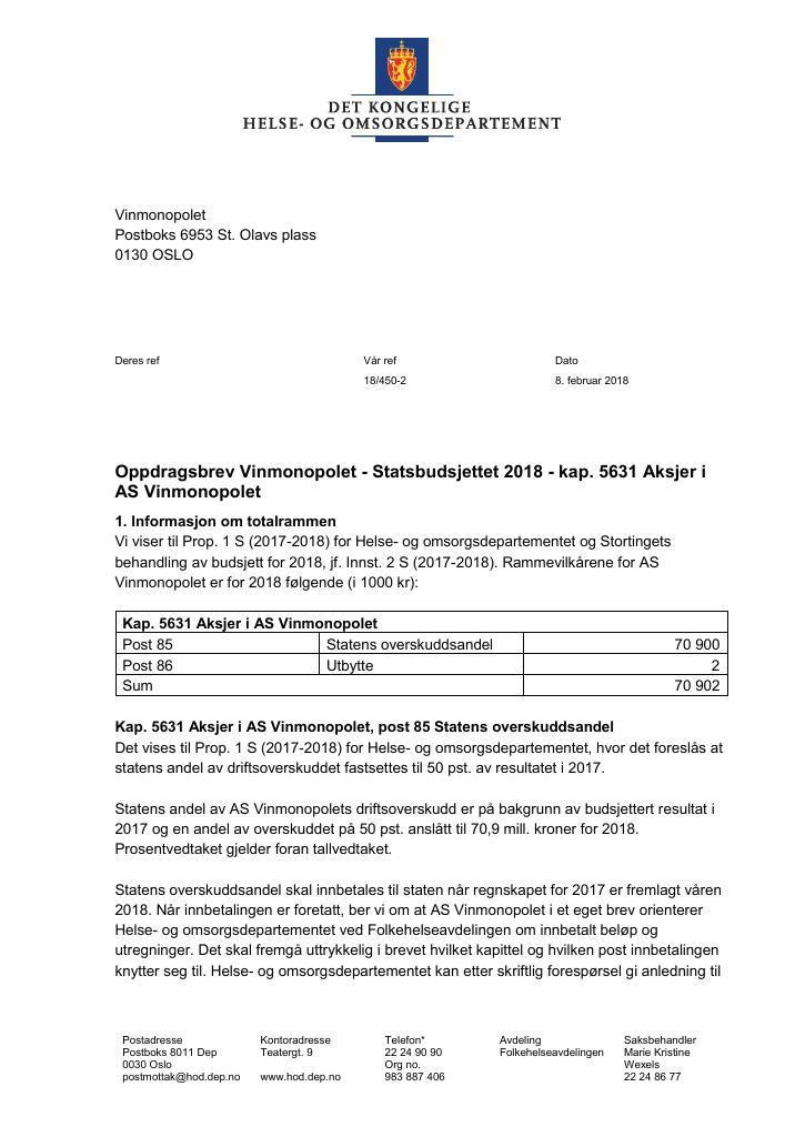 Forsiden av dokumentet Oppdragsbrev Vinmonopolet 2018