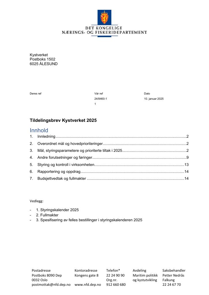 Forsiden av dokumentet Tildelingsbrev Kystverket 2025