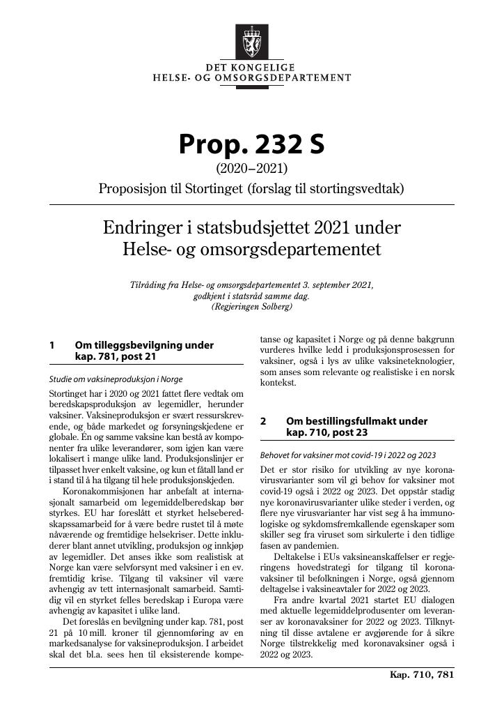 Forsiden av dokumentet Prop. 232 S (2020–2021)