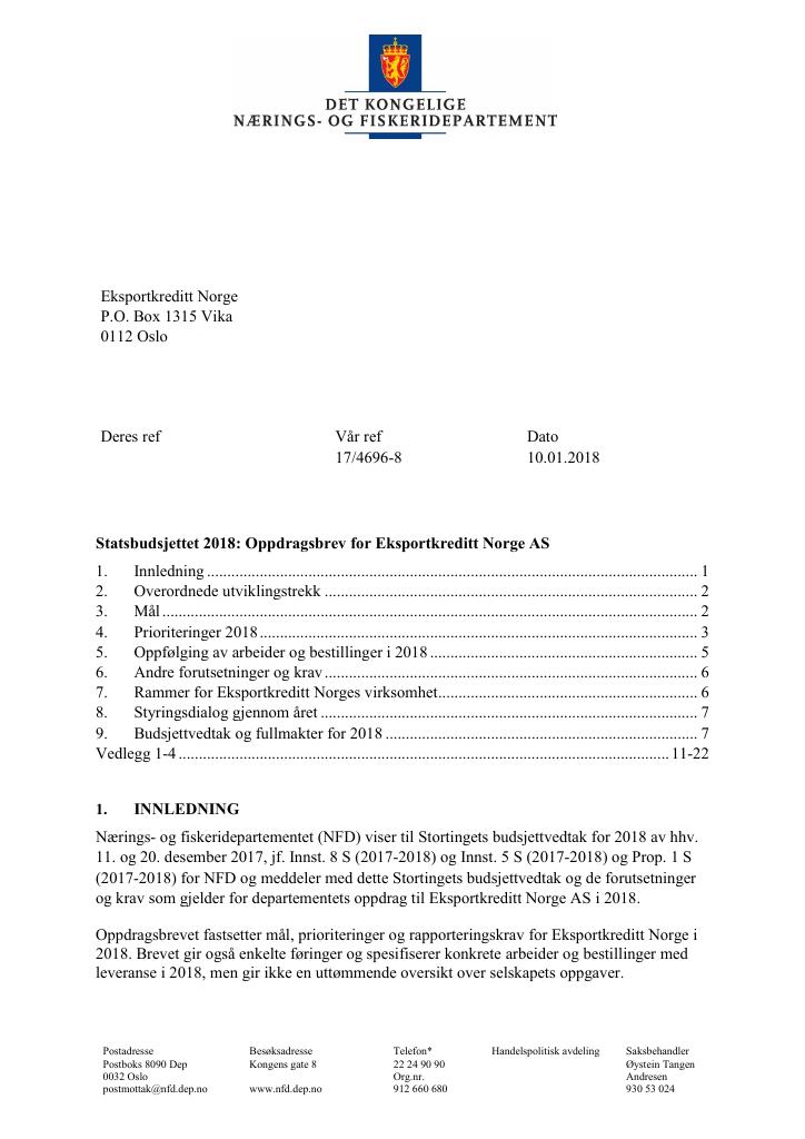 Forsiden av dokumentet Oppdragsbrev Eksportkreditt Norge 2018