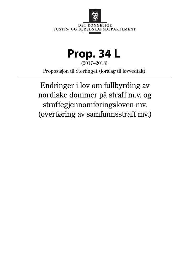 Forsiden av dokumentet Prop. 34 L (2017–2018)